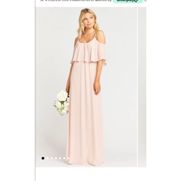 Show me your mumu Caitlin Ruffle Maxi Dress Size M NWOT Dusty Blush Crisp - Picture 2 of 8